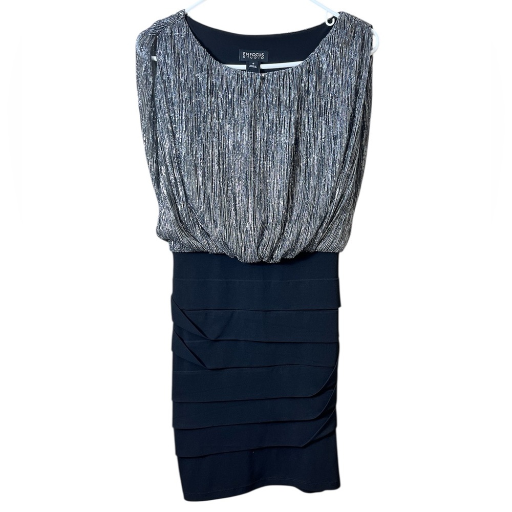 Enfocus Studio Silver Black Blouson Dress Size 4 Tiered Y2k Party Cocktail - Picture 2 of 10